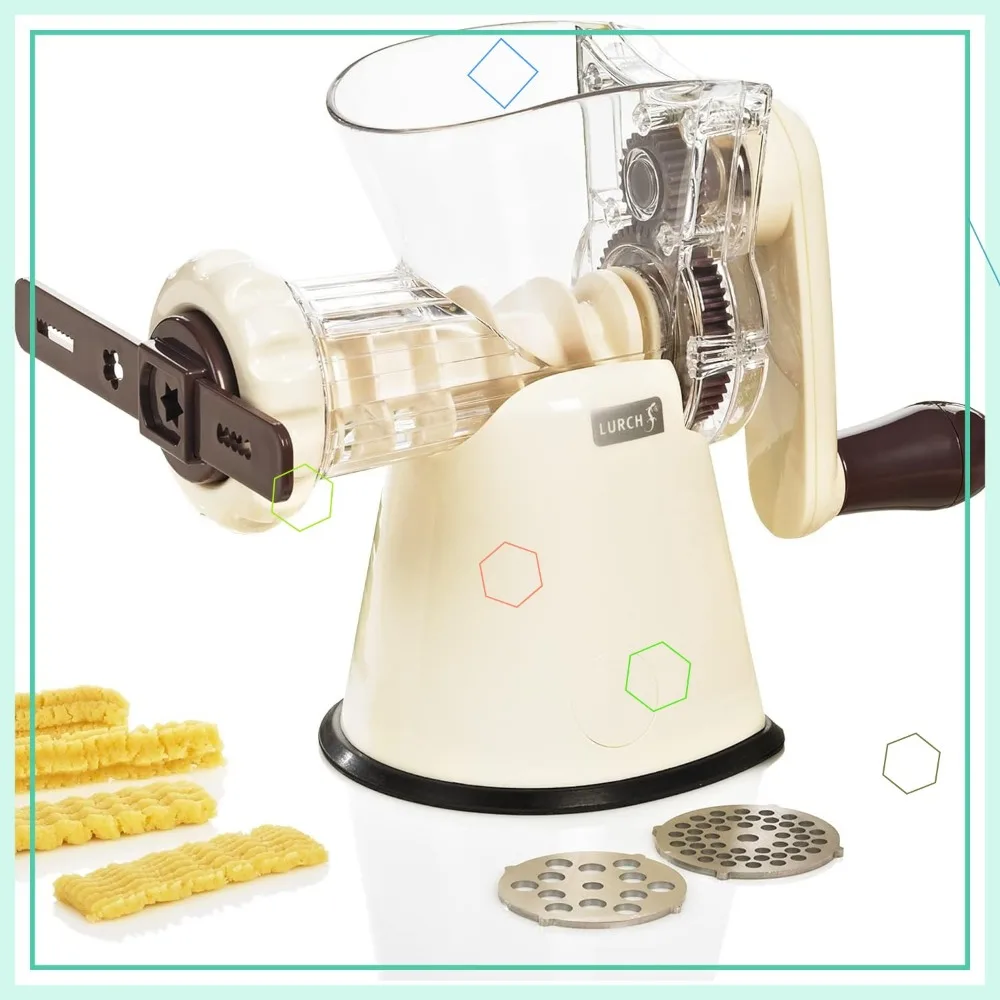

Hand Crank Cookie Maker with Meat Grinder Attachment - 4 Shapes, Easy Clean, Aubergine/Cream White