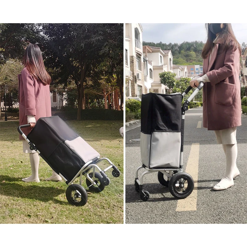 Portable Shopping Bag Luggage Cart Large Capacity Folding Grocery Trolley with 20cm Inflatable Rubber Big Wheels Bearing 50kg