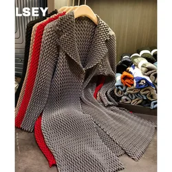 ALSEY Miyake Pleated Temperament Commuter Lapel Trench Coat for Female Fall Fashion Versatile Jacket in The Long Section Coat