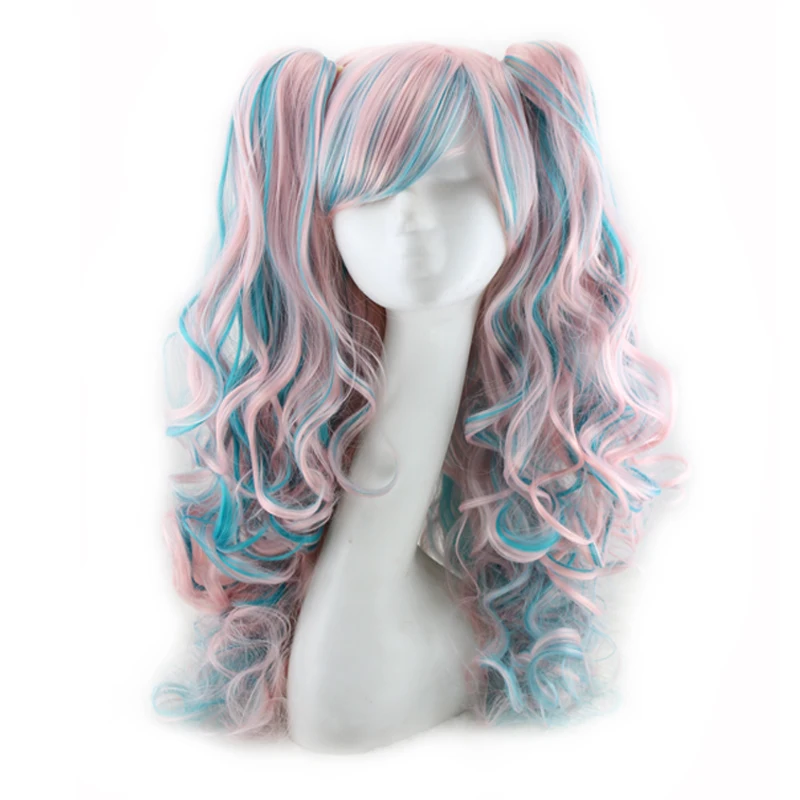 WoodFestival Synthetic Hair Cosplay Wig With Bangs Wavy Long Wigs For Women Two Claw Clip Ponytail Pink Red Blue Black White