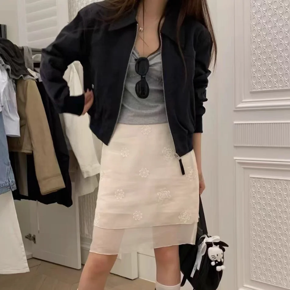 Retro Breathable Double Layer Floral Embroidery High Waist Slim Fit Bodycon Midi Skirt Korean Style A-Line Skirt for Women