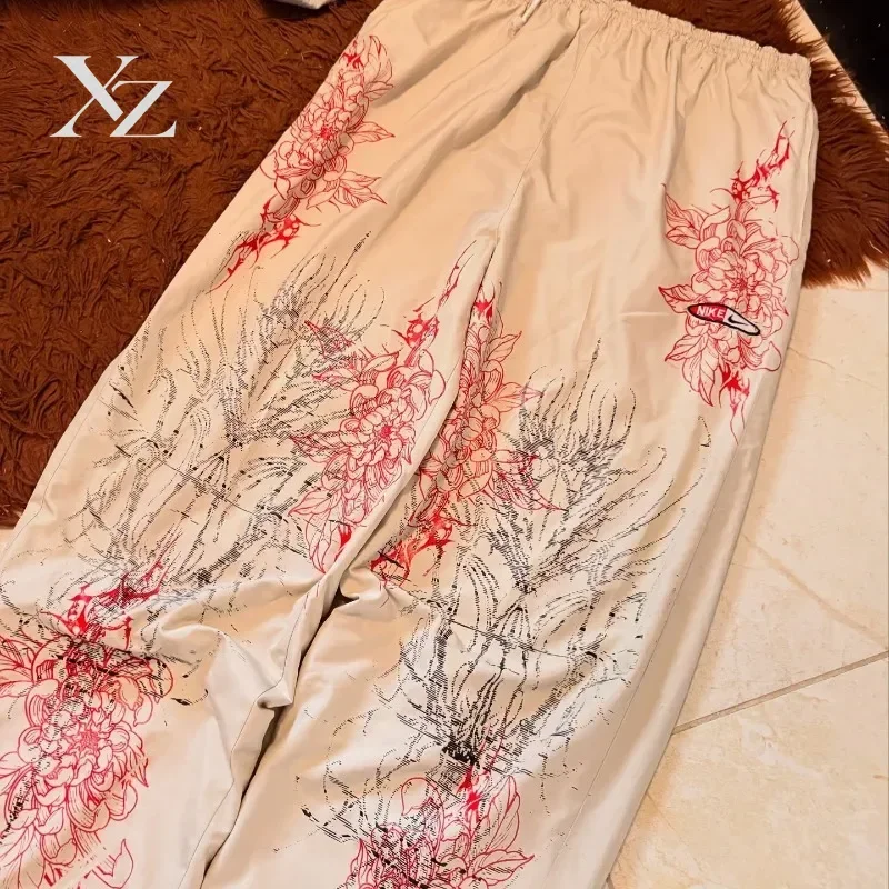 Harajuku Red Spider Lily Print Casual WideLeg Cargo Pants Japanese Unisex Street Fashion Loose Fit Comfortable Oversize Daily