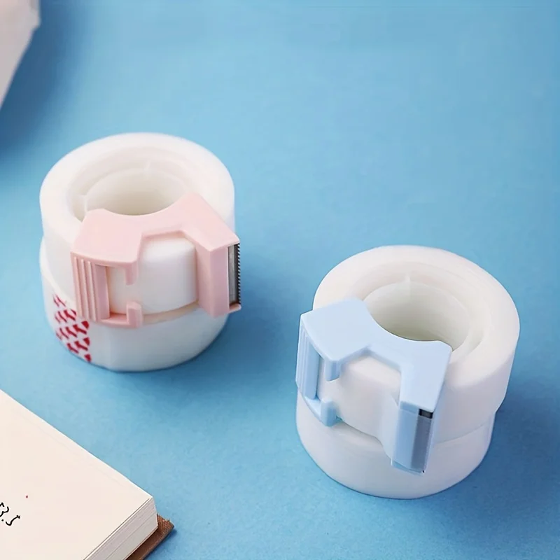 2pcs Clear Tape, Dispenser with Cutte, for Students, Office, Perfect for Correcting Mistakes. Transparent Tape, pink and blue