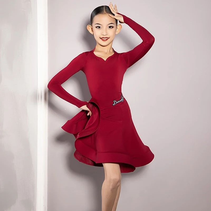 

Multi-Color Latin Dance Costume For Competition Girls Long Sleeve Dancing Dress Kids Professioal Latin Stage Wear Black Red 1766