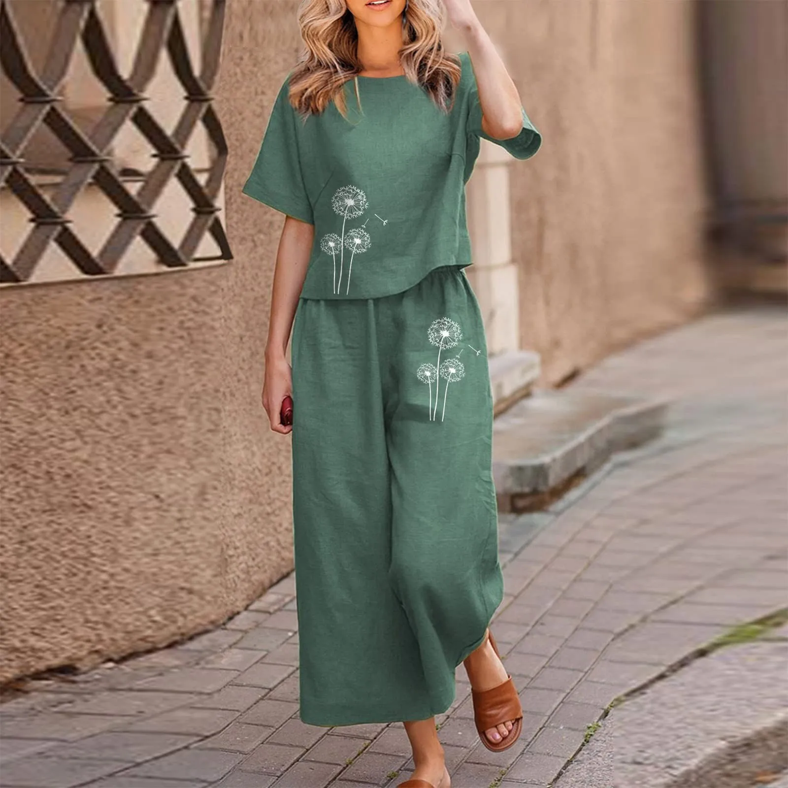 Women Vintage Cotton Linen Printed Two Piece Suits Ladies Casual Short Sleeve Blouse Loose Cropped Wide Leg Trousers Suits