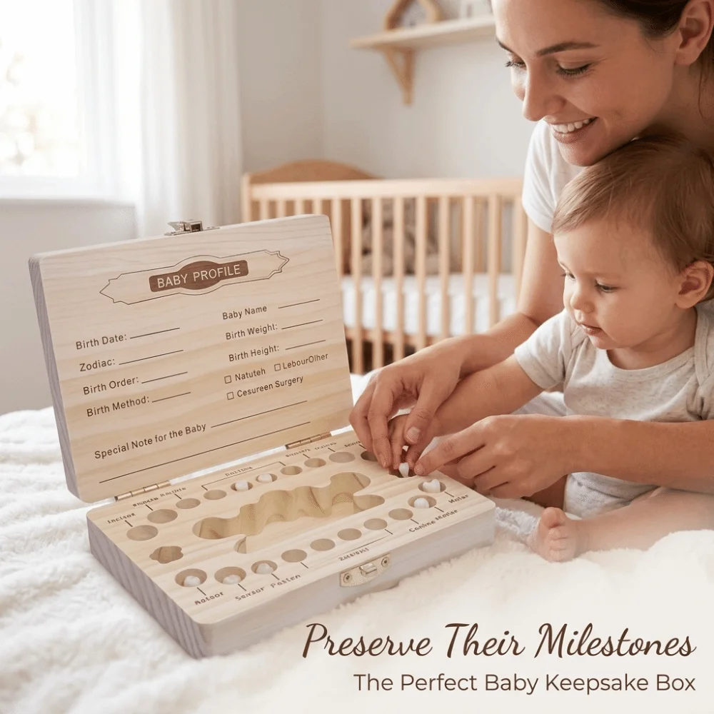 Wooden Baby Teeth Keepsake Box Smooth Wood Material Dedicated Compartments Memory Souvenir Organizer Dust-Proof Well-Structured