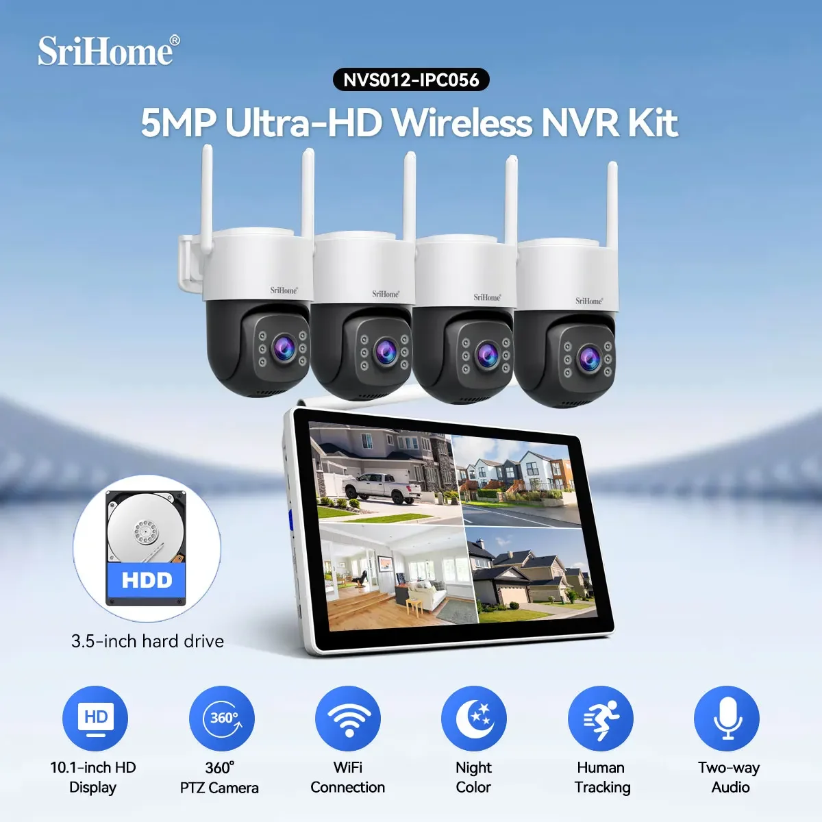 Srihome NVS012-IPC056 WiFi Security CamSystem 5MP Wireless IP Cam Kit Two-Way Audio 10.1 Inch Wireless CCTV Surveillance Syste