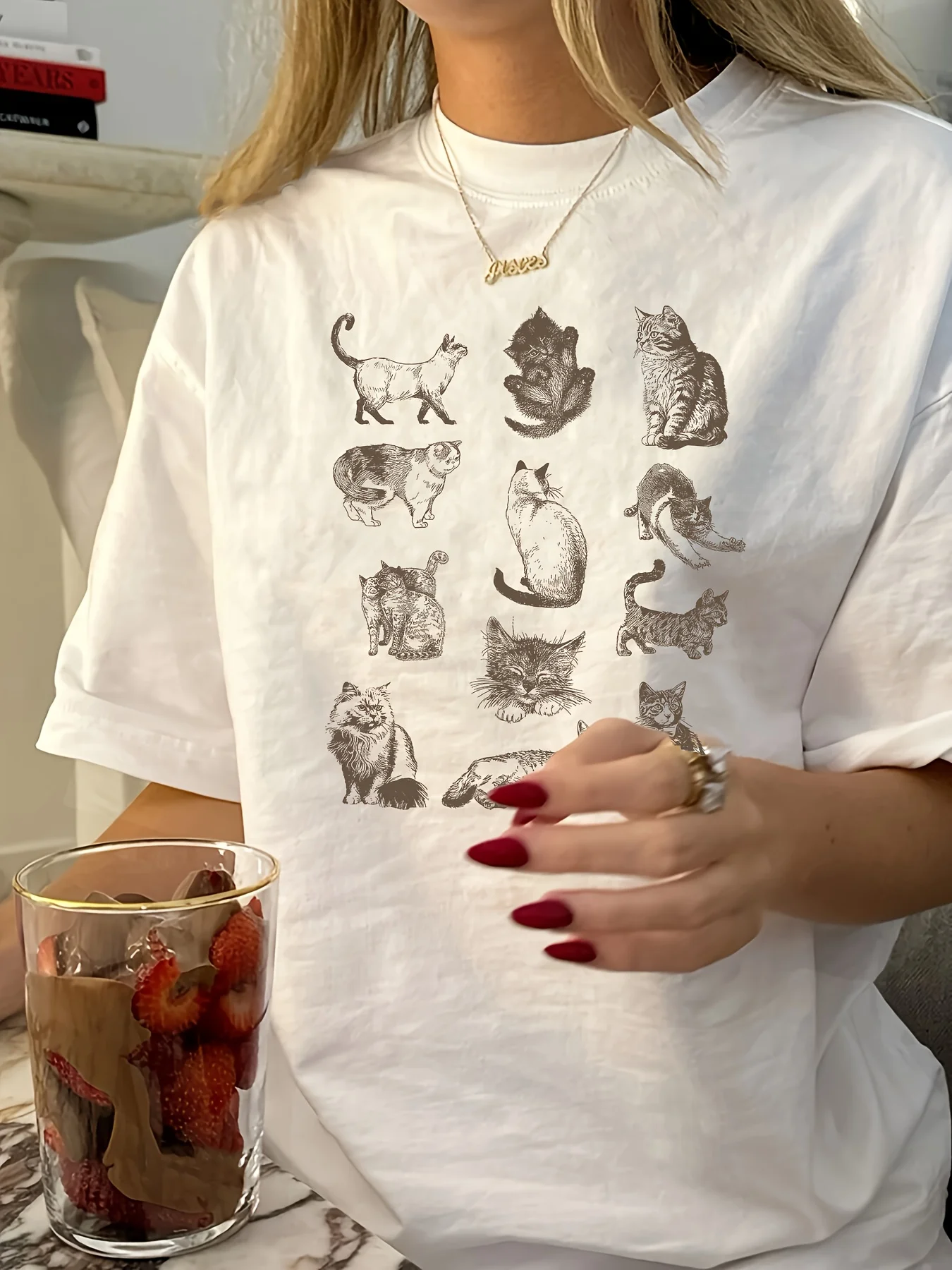 Damen Retro Katzen-Print T-Shirt Rundhals Casual Kurzarm T-Shirt Sommer Harajuku Streetwear Tops Mode Tees