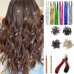 Kit de oropel de pelo con herramienta, extensiones de cabello de 1200 hebras, 12 colores, oropel de pelo de hadas, oropel de pelo brillante y brillante, 48 pulgadas