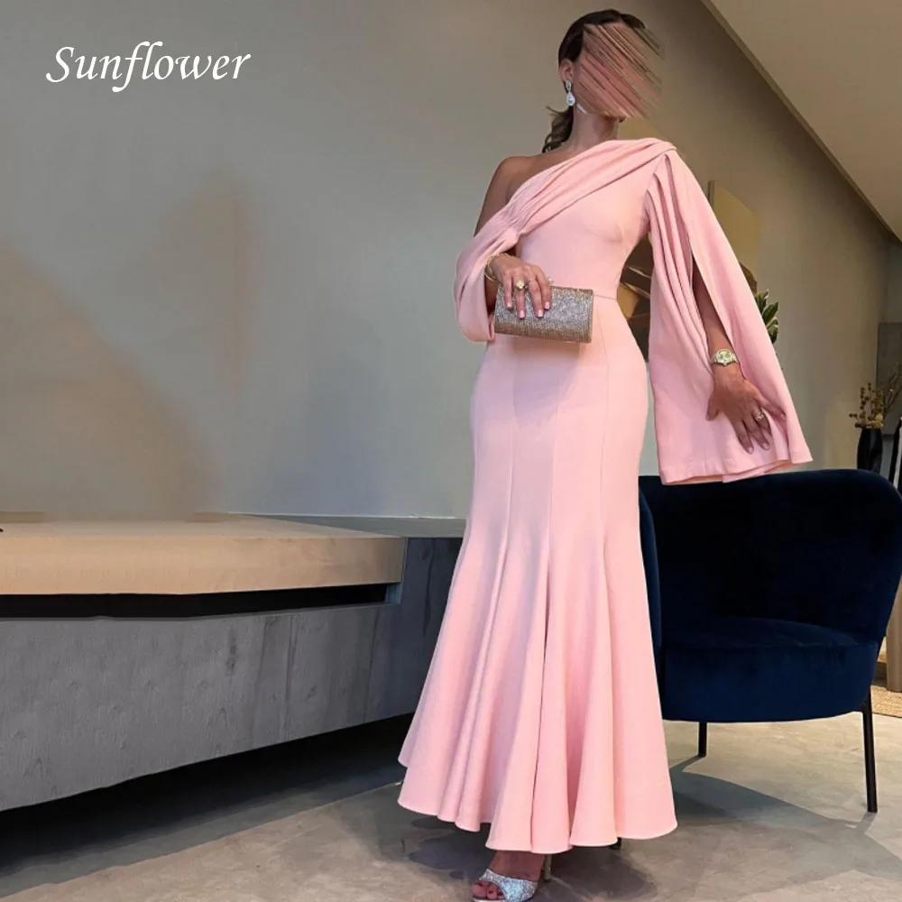 

Sunflower Simple Pink One-Shoulder Formal Evening Dress 2023 Slim Pleat Satin Mermaid Ankle-Length High-end Custom Prom Gowns