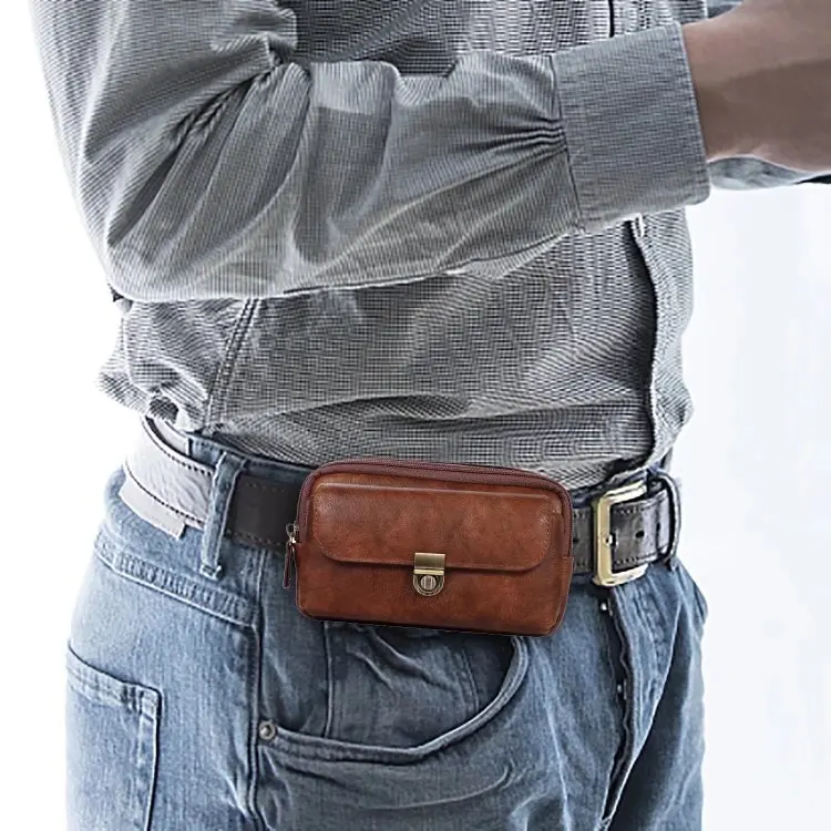 

Leather Belted Crossbody Phone Bag for Men 7 Inch Genuine Leather Waist Bag Horizontal Sle ly Phone Case Hip Bag