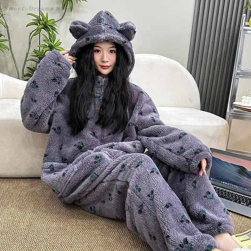

Winter New Flannel Sleepwear Sweet Printed Pajamas Set Long Sleeved Hooded Coat&Trouser Thickened Coral Fleece Home Clothing