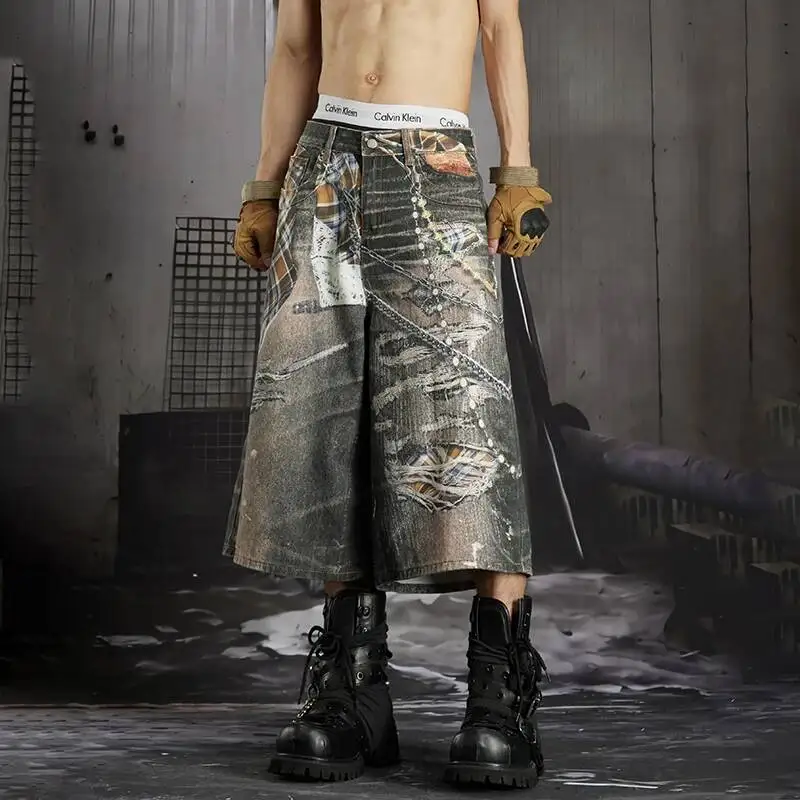 LUZHEN 2026 Summer 3D Printed Niche Design Straight Jeans Shorts Men's Trendy Streetwear Handsome Denim Cropped Trousers JY7619