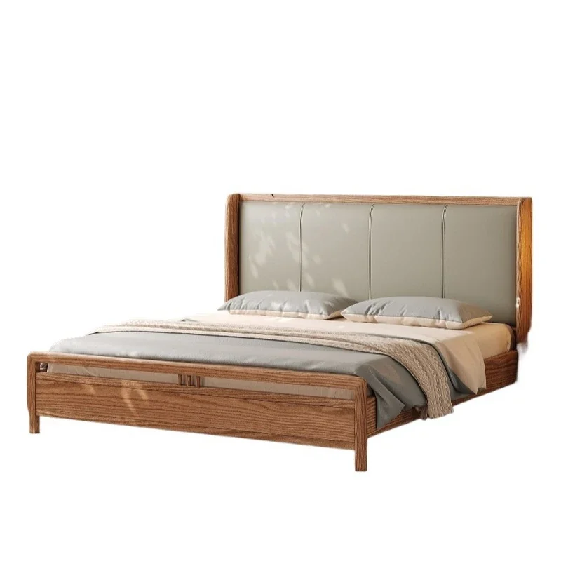 Full solid wood bed 1.8 meters ash wood modern simple double bed 1.5 master bedroom new Chinese style first layer leather bed