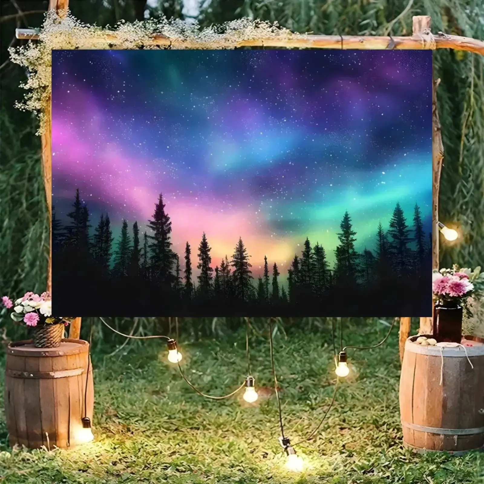 2D Floor Plan, Aurora Background Fabric with A Splendid Starry Sky and Forest Background, Home Decoration Tapestry