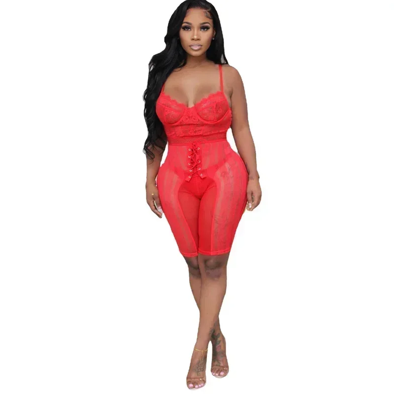 GUWU Tutina sexy in pizzo trasparente con pagliaccetto estivo Sling Back Grommet Lace Up Anello in acciaio Pantaloncini Bodycon Club Party Tuta