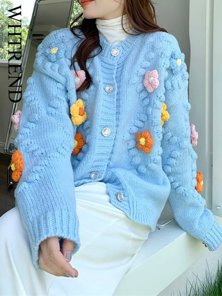 

WHTREND вязаный кардиган с 3D цветочной вышивкой для женщин, осень-зима 2022, свитер с длинными рукавами во французском стиле, пальто WH1495