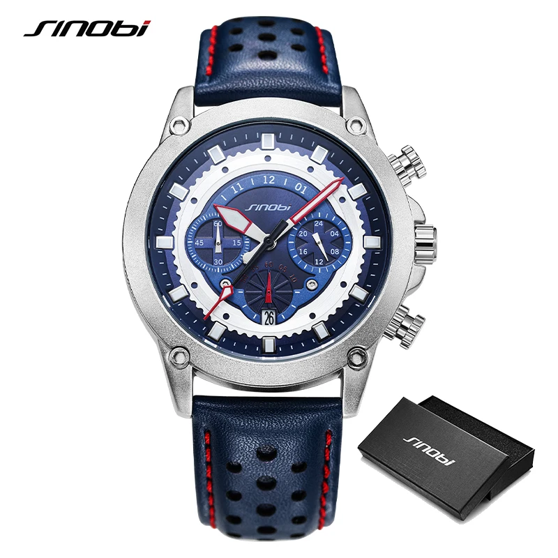 SINOBI New Fashion Sports Mens Watches Stainless Steel Chronograph Man Quartz Wristwatches Luminous hands Male\'s Calender Clock