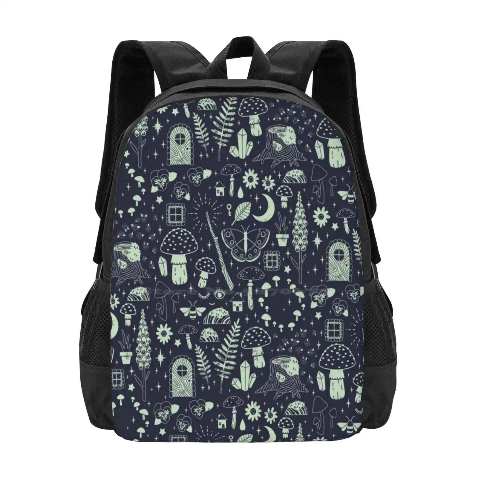 Fairy Garden : Midnight Backpack For Student School Laptop Travel Bag Pattern Fairy Garden Nature Mushrooms Butterfly Bee