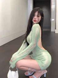 Women Thin Knitted Hollow Out Bodycon Dress  Sexy Green Robe Slim Backelss Ripped Vestido De Mujer Club Party Dresses Y2k