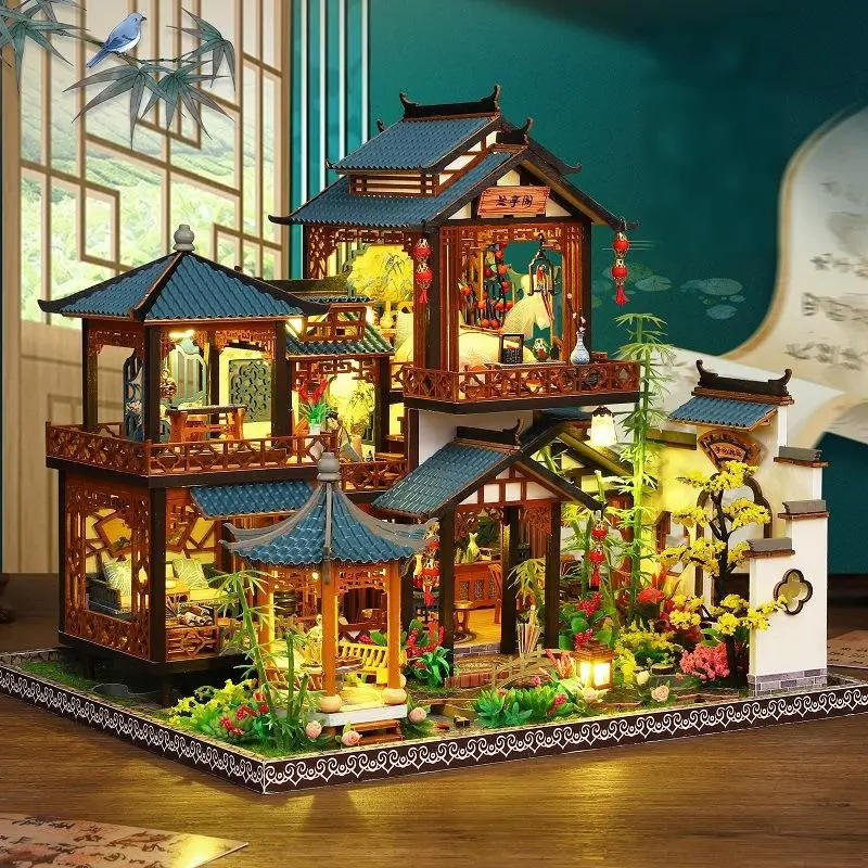 OUZEY Kit DIY para casa de bonecas de madeira grande - Conjunto completo de móveis em miniatura, brinquedo de montagem artesanal e presente para meninas