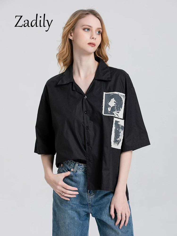 Zadily 2024 Summer Y2k Short Sleeve Shirt Women Patch Designs Button Up Loose Blouse Tunic Gothic Streetwear Female Clothing Top