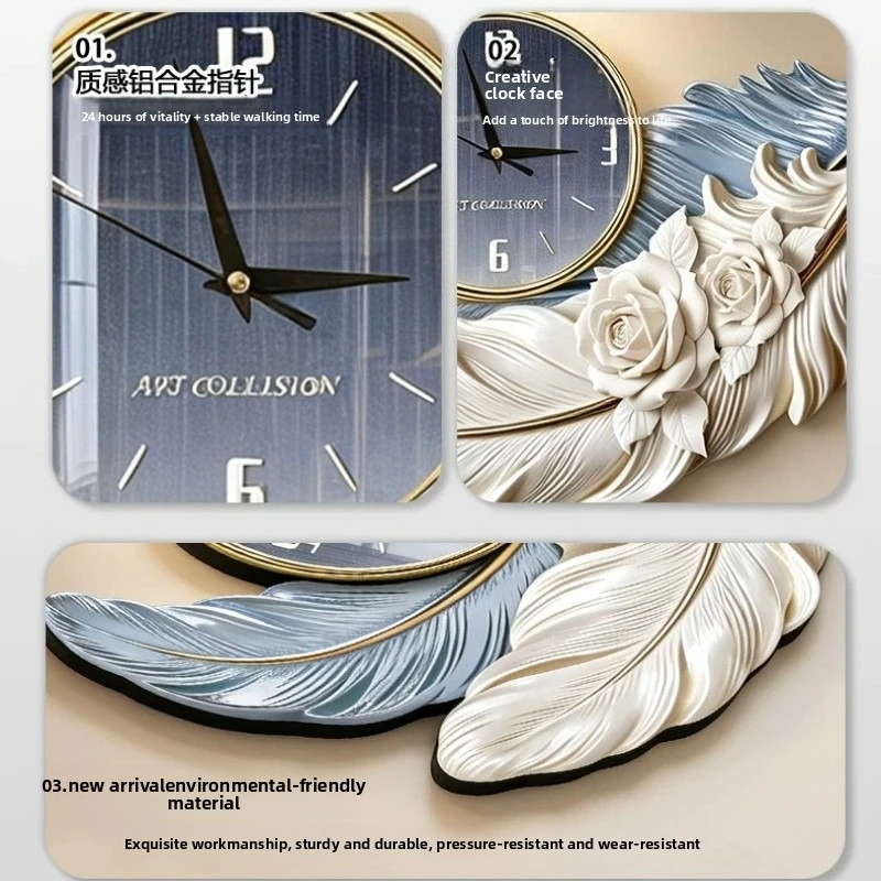 High-end Feather Design Wall Clock Luxury Living Room Background Wall Mute Watch Restaurant Bedroom Clock Room Decoration Gift