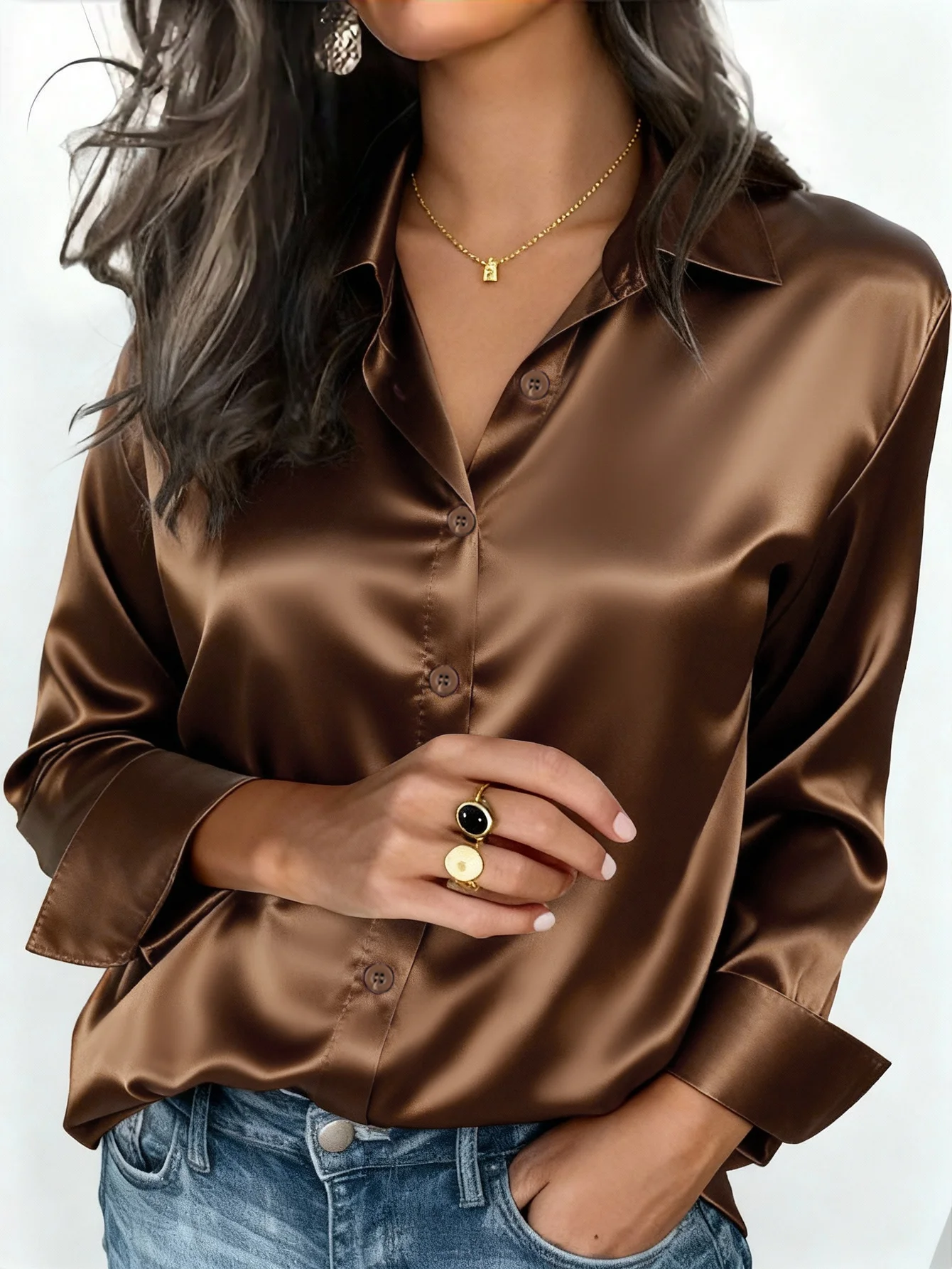 

Women's Satin Button-Up Blouse, Elegant Collared Shirt for Office or Casual Wear, Autumn Winter Spring