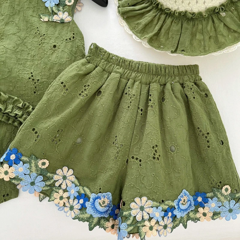 

2026 Summer New Hot Selling Cotton Lace Lace Small Tank Top and Flower Edge Leg Shorts Two Piece Set