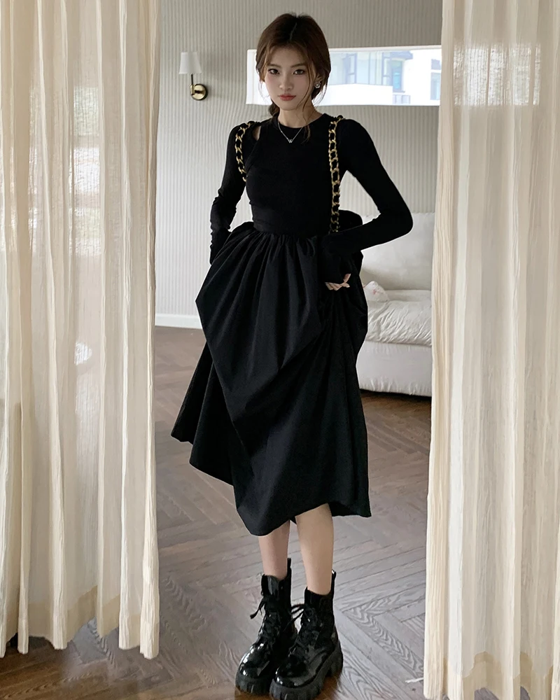 2025 Abito longuette in maglia chic classico nero a vita sottile per donna Autunno semplice casual in puro colore Moda Office Lady Abiti femminili