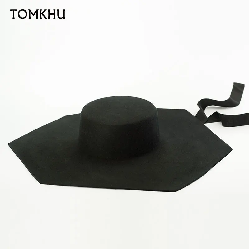 Personality European American Style Hexagon Flat Top Wool Fedora Hats Women Men Caps Black Stage Catwalk Felt Hat Designer Style