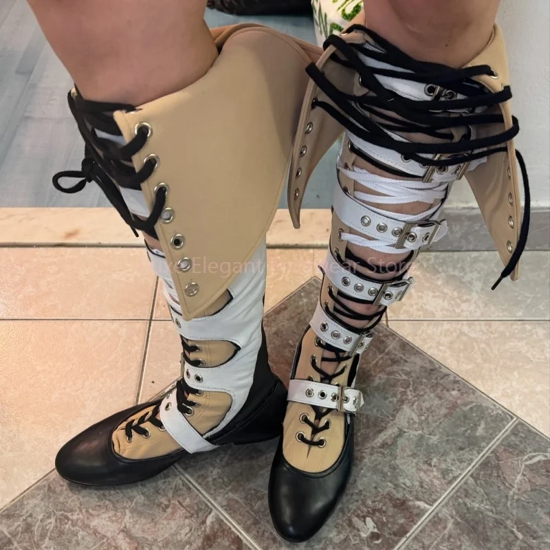 

Разноцветные длинные сапоги с перекрестным ремешком и пряжкой, женские кожаные сапоги до колена на молнии сзади, модные полые туфли в уличном стиле