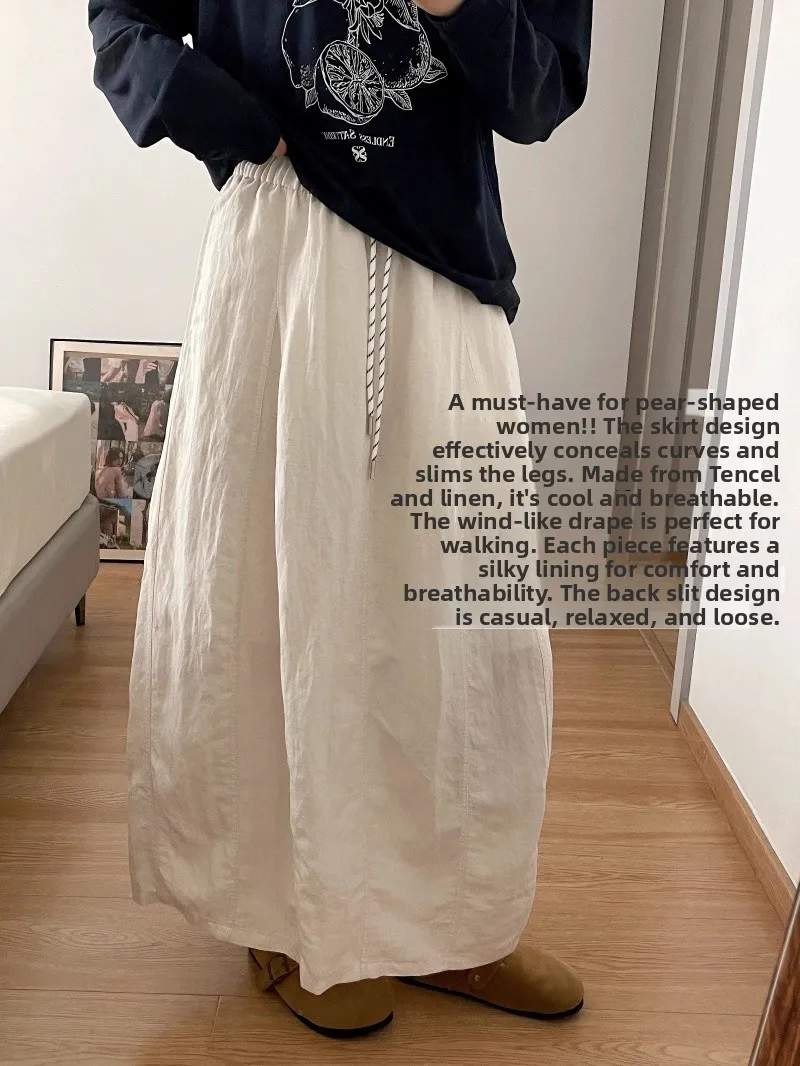 

Льняная юбка А-силуэта с высокой талией и разрезом сзади, из прохладного струящегося шелка, цвета тыквы, для женщин, повседневный стиль, стандартный крой, летняя.