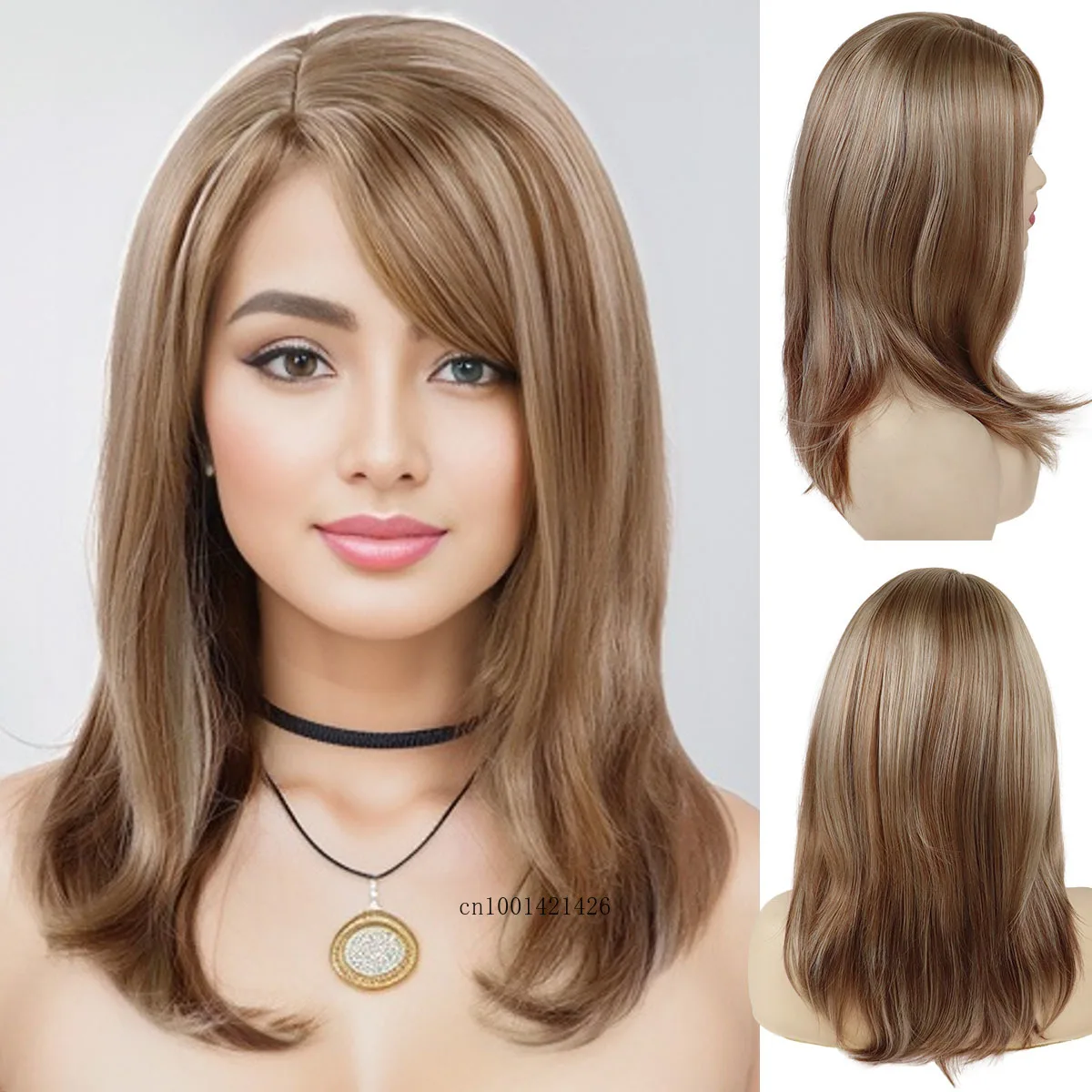 Mix Brown Synthetic Wigs for Women 20 inch Long Straight Hair Natural Wig with Bangs Glueless Mommy Wigs Daily Wear Comfortably