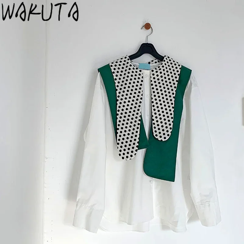 WAKUTA Irregular Dot Turn Down Neck Blouses Shirt Women Elegant Korean Design Long Sleeve Loose Tops Female Office Lady Camisas