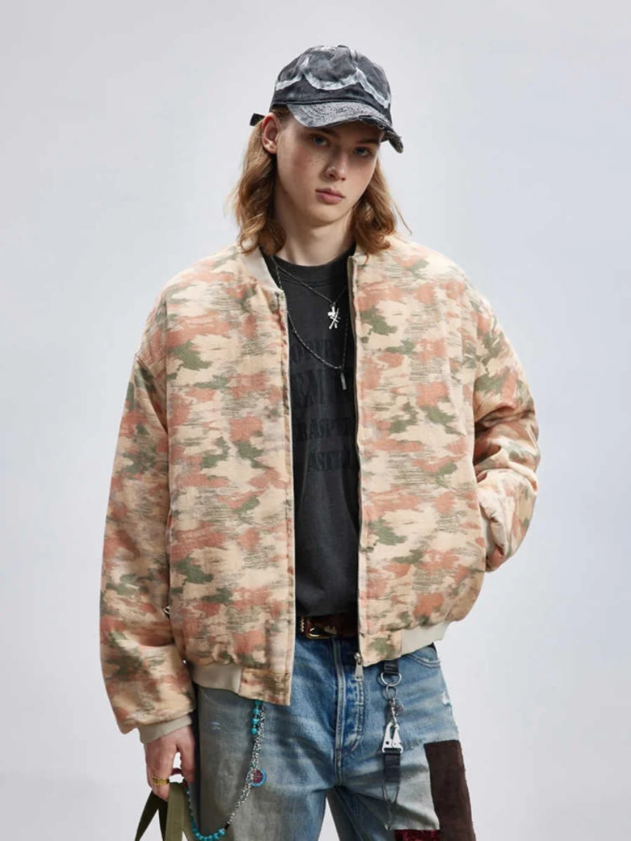 

Retro American Camouflage Baseball Jaet Thiened Cotton Winter New Sle Warm Loose Fit Men Women Pilot Sle Outerwear
