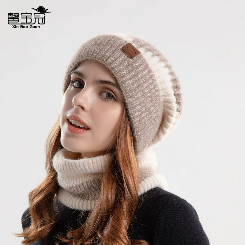 Winter Cross-Border Two-Color Hat Women's Thickened Warm Ear Protection Woolen Hat Plus Velvet Scarf Two-Piece Knitted Hat