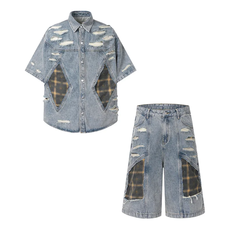 

Men's High Street Ripped Vintage Shirts With Rivets Fashion Destroyed Denim Shirt With Patchwork Summer Short Sleeve Tops