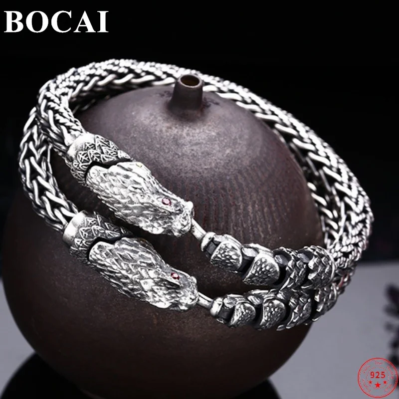 BOCAI S925 Sterling Silver Bracelets for Men New Men's Fashion Snake Python Horsewhip-chain Punk Viking Jewelry