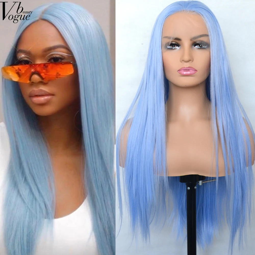 

Voguebeauty Icy Light Blue Synthetic Lace Front Wig Silky Straight Heat Resistant Fiber Natural Hairline Cosplay For Women