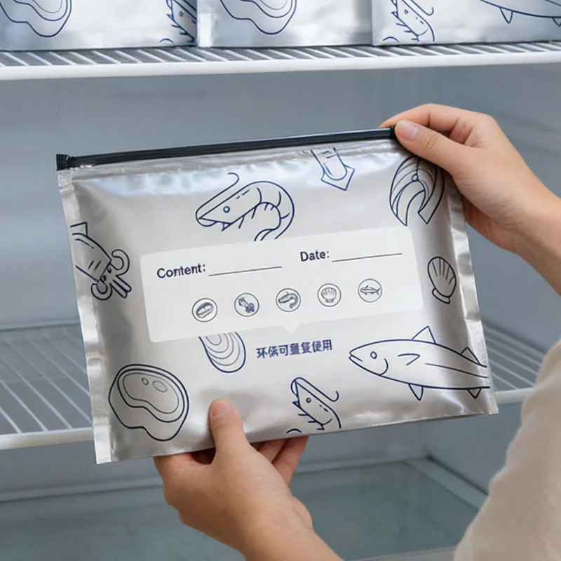 10 Stück/Beutel Lebensmittel-Aufbewahrungsbeutel, Küchen-Aluminiumfolie-Frischhaltebeutel, Gefrierbeutel mit Reißverschluss, große Kapazität, wiederverwendbar – Detail 12