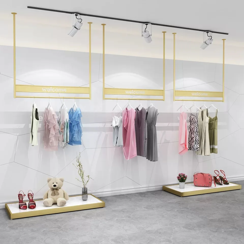 Modern Fashion Wall Mounted Clothing Rack Gold Garments Showroom Display Racks