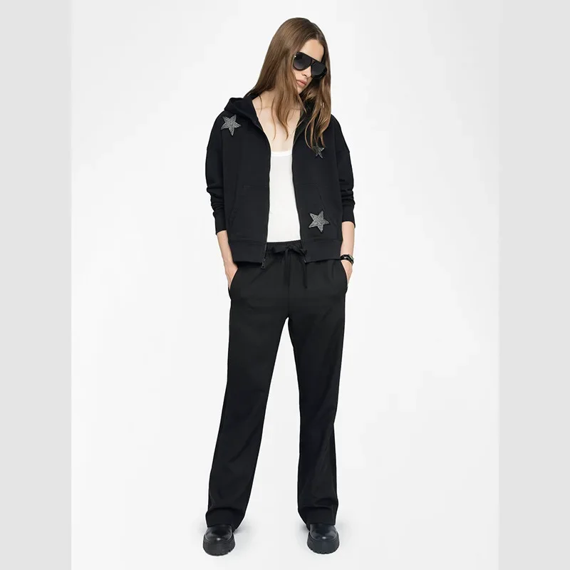 25 가을 겨울 신상 프렌치 니치 별 가득한 스티커 자수 핫 다이아몬드 여성 벨벳 지퍼 후드 재킷