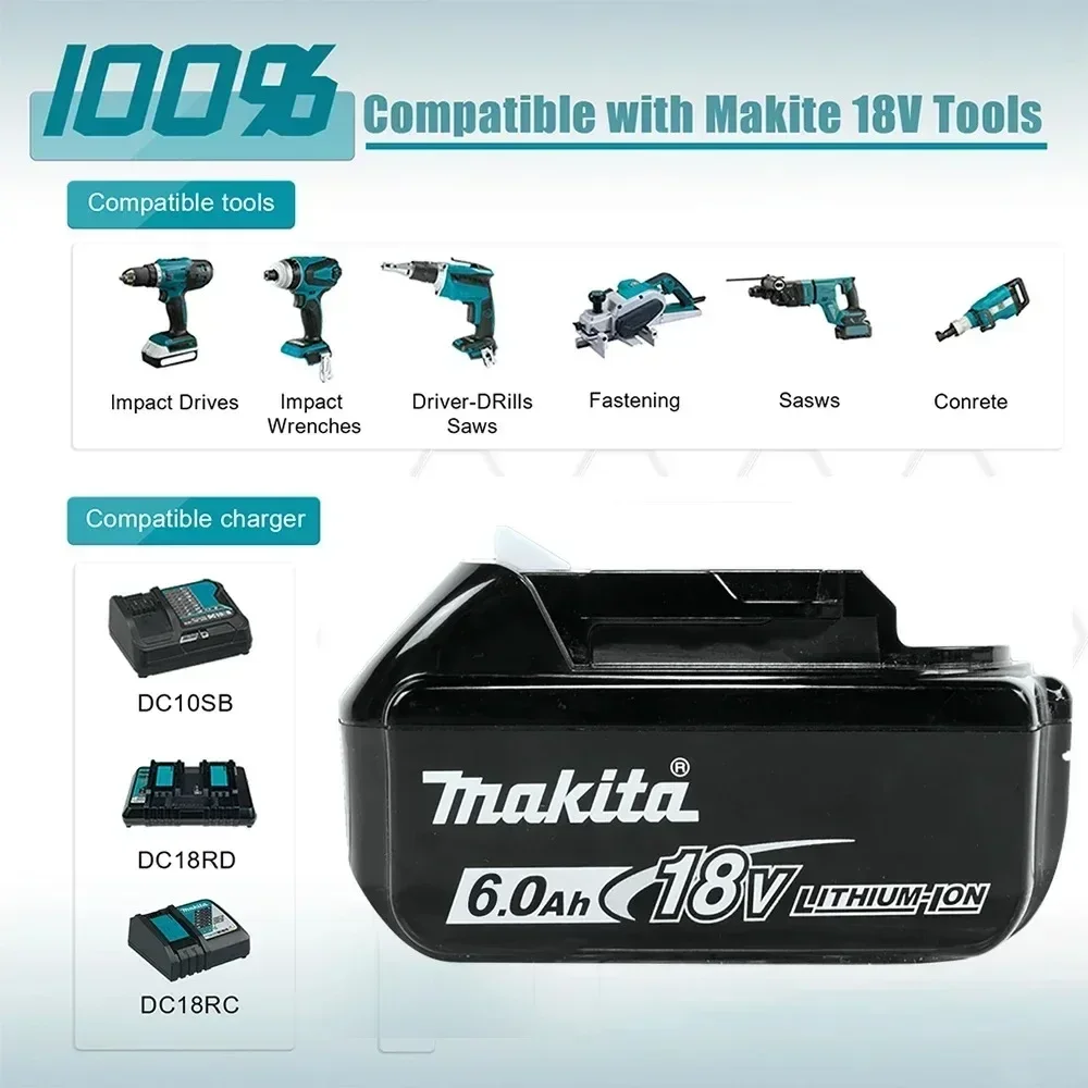 Новый аккумулятор Makita 18 В 6000 мАч для электроинструментов со светодиодной подсветкой LXT BL1860B BL1860 BL1850, сменный литий-ионный аккумулятор