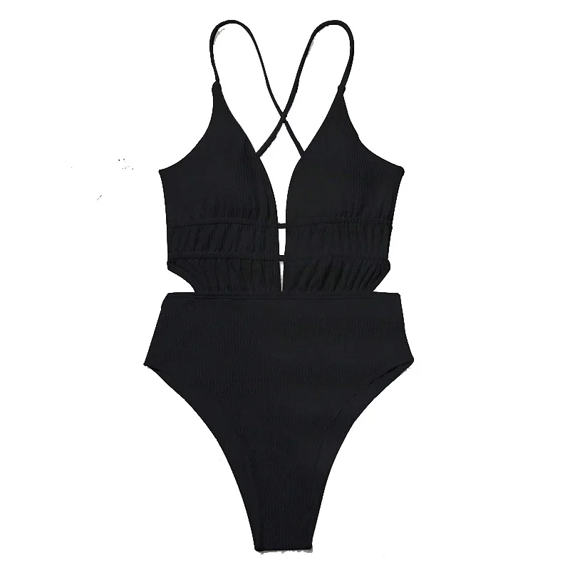 2025 moda sólido cuello en V profundo traje de baño de una pieza mujeres ahueca hacia fuera el traje de baño plisado traje de baño para playa Monokini vendaje