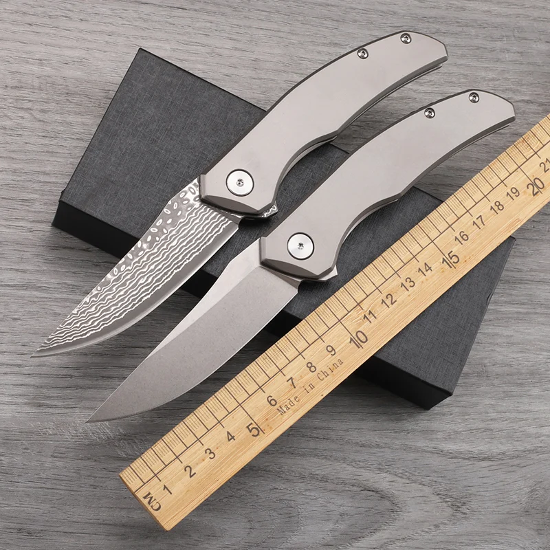 Damascus/D2 Steel Titanium Alloy Handle Folding Knife Outdoor Camping Survival Anti Height Hardness Sharp Portable Tool