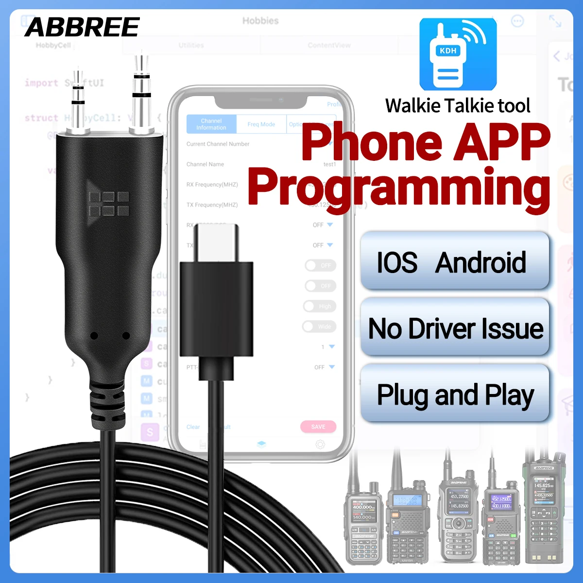 

ABBREE Walkie Talkie Programming Cable Phone Programming For Campatible With UV-5R UV-21R UV-5R Mini AR-152PRO UV32