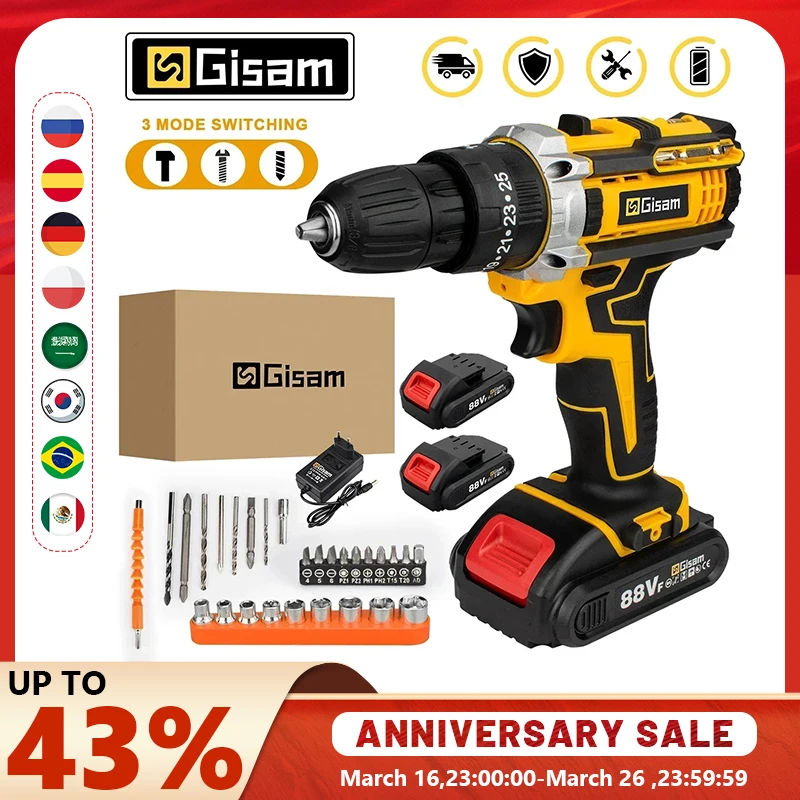 Gisam 25+3 Torque Electric Impact Screwdriver Multifunctional Cordless Drill Power Tool Setting 2 Gear Speed with 2 Batteries