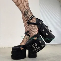 Belt Buckle Chunky Heels Sandals Women Metal Rivets Summer Punk Platform Sandals Girl's Sexy Cross Strap Party High Heel Shoes
