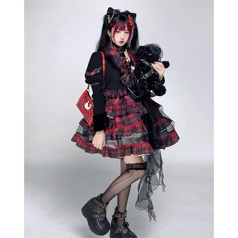 New Original Japanese Harajuku Cool Girl Fashion Red Dress Female Lolita Temperament Slim Sweet Kawaii Dress